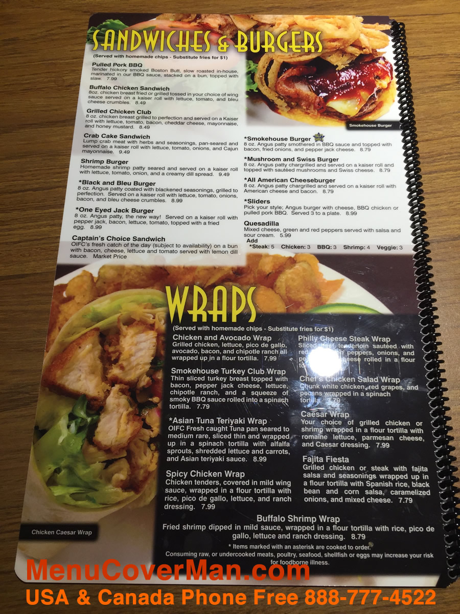 H2O MenuCoverMan.com spiral bound permananetly printed water-proof menu covers for chain restaurants.