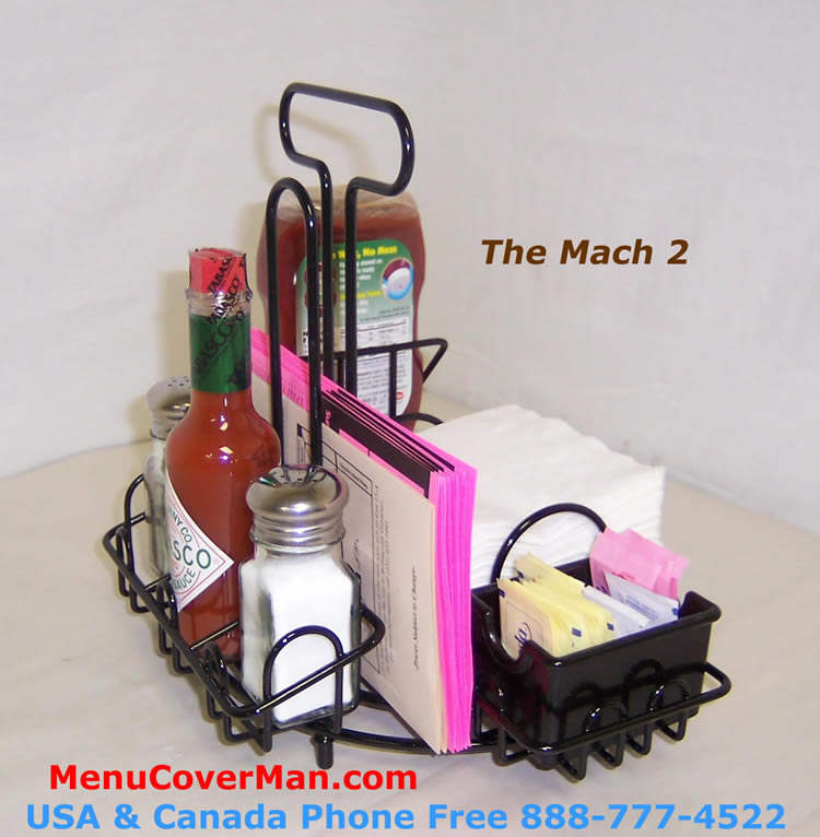 Condiment caddy holder with integral napkin holder for restaurant use.