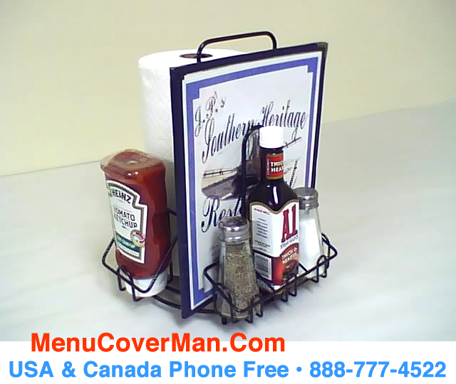 Restaurant menu holder and condiments holder.