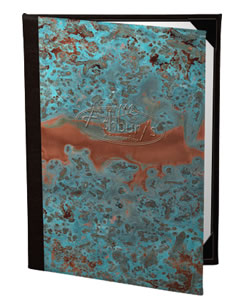 Patina copper menu covers.