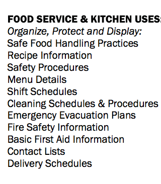 Tarifold Organizers food service and commercial kitchen uses.