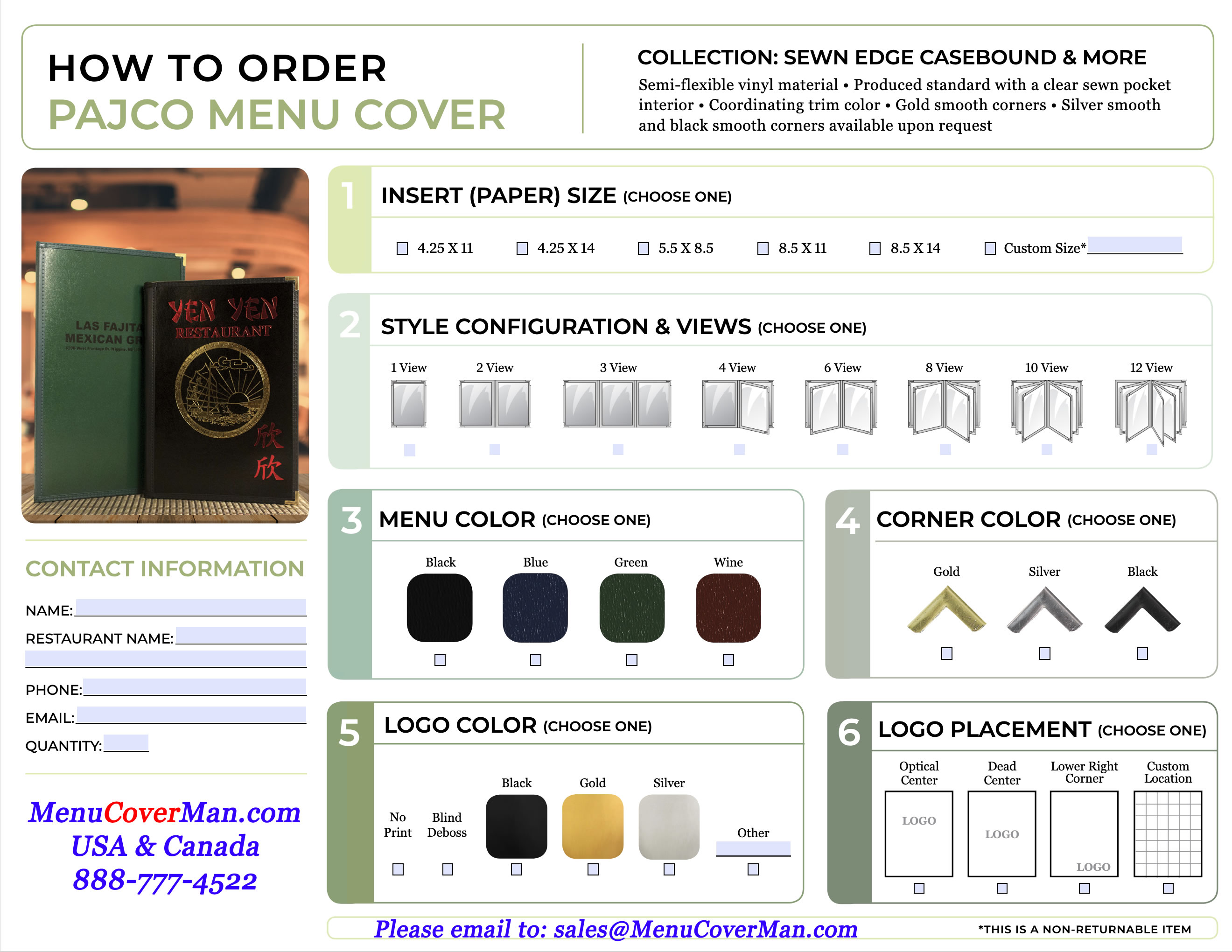 Sewn Pajco Menu Covers "How To Order"