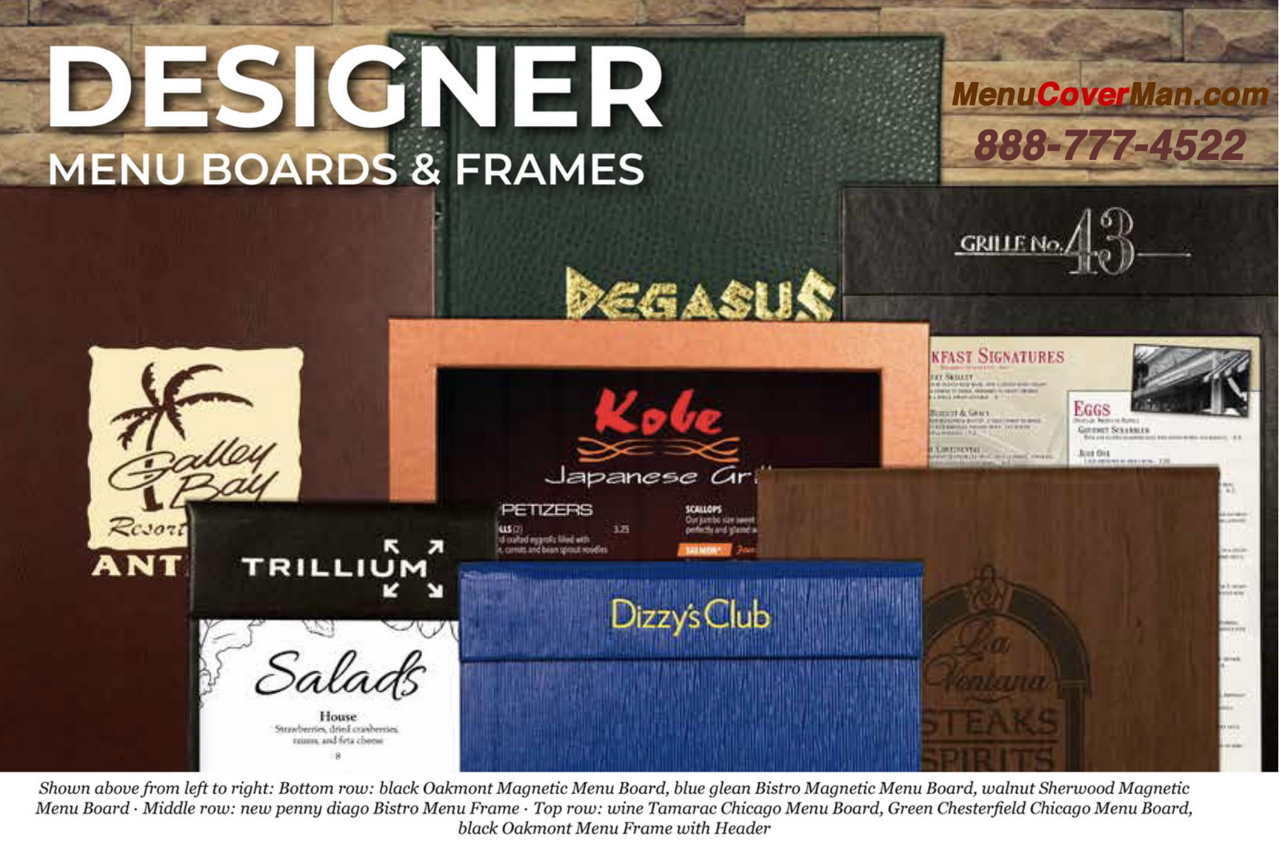 Designer Menu Boards and Frames from MenuCoverMan.com 888-777-4522