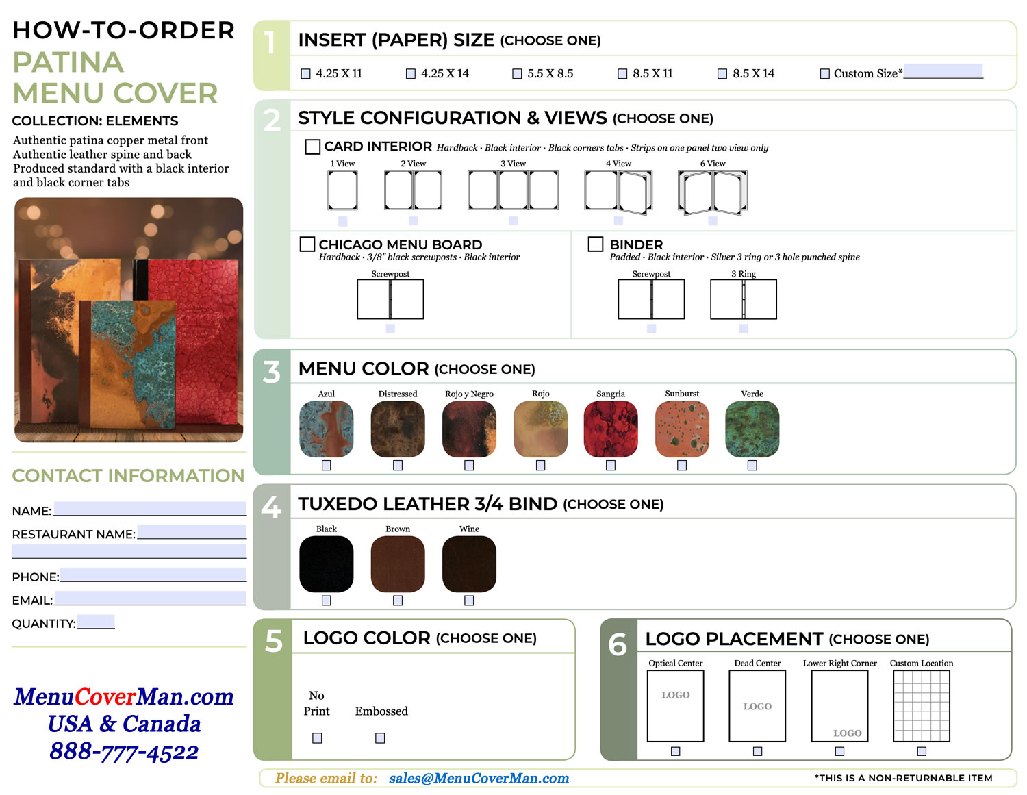 Patina Menu Covers "How To Order" Page.