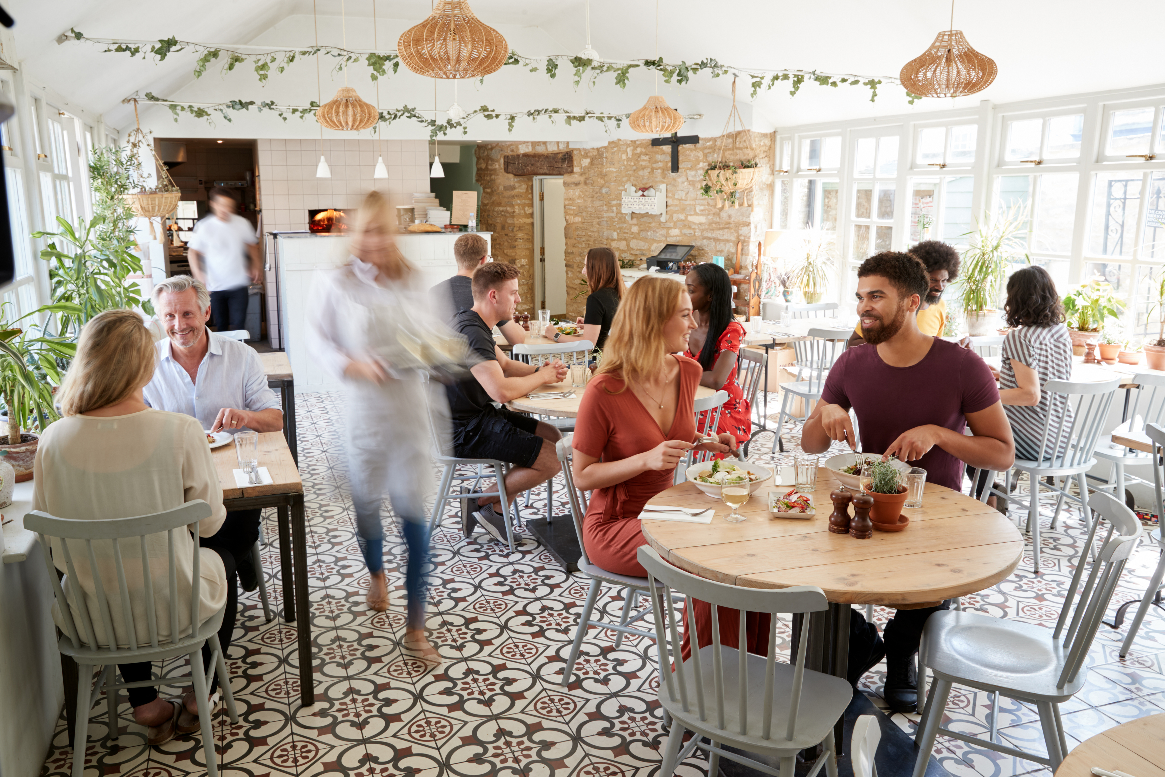 Bright lights and friends for you in this charming restaurant.