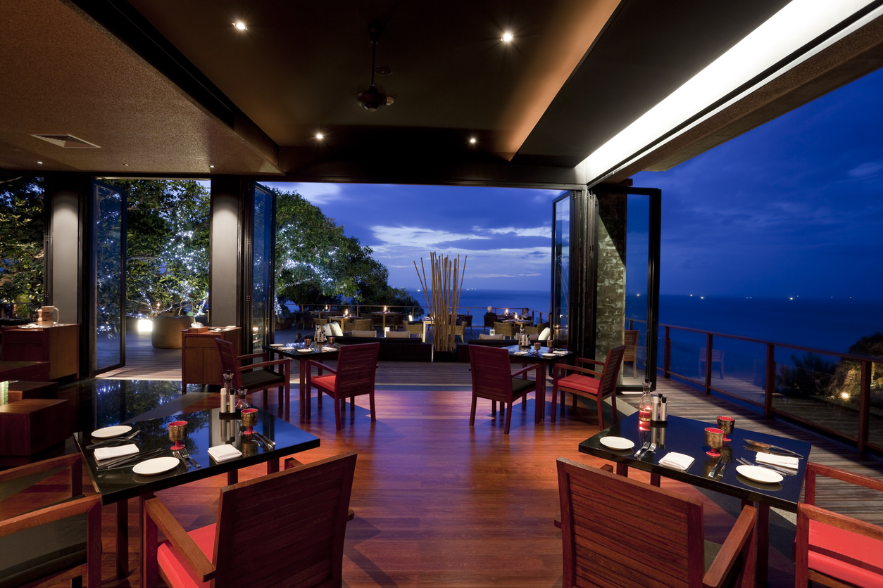 Beautiful Restaurant on the Water at Dusk.