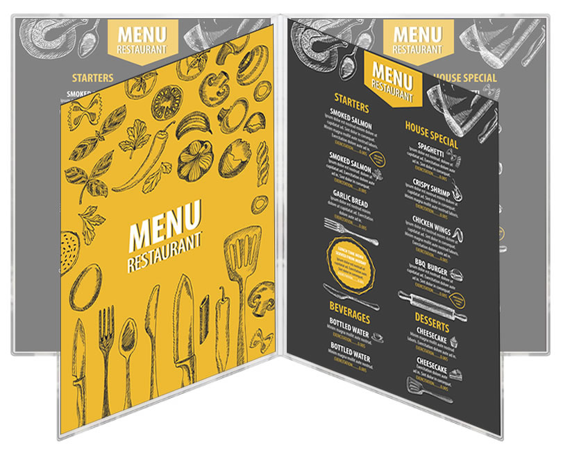All clear vinyl heat-sealed inexpensive menu covers from MenuCoverMan.com. Made in the United States of America.