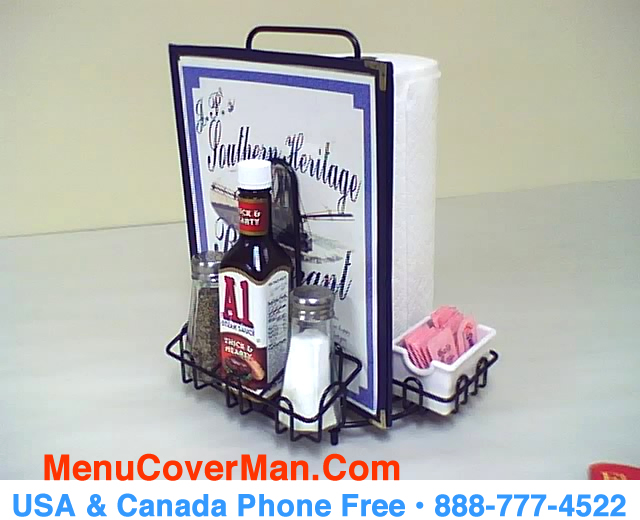 Restaurant menu holder and condiments holder.