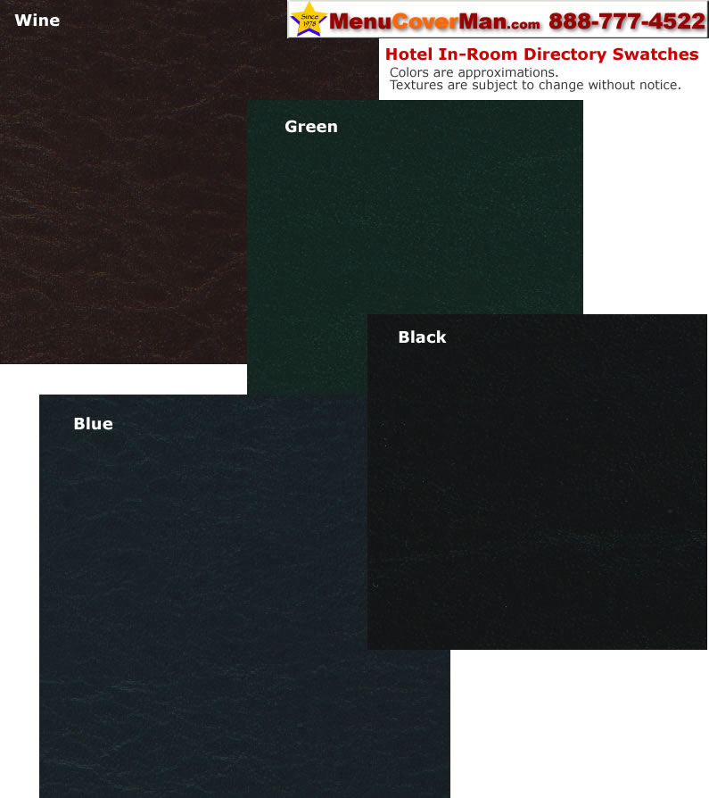 Hotel in room directory cover material swatches.