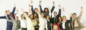 People jumping for joy over the low prices, high quality and fast service of the Menucoverman's menu covers.