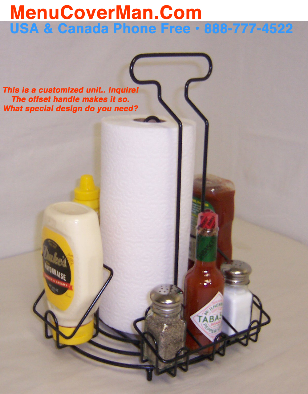 Customized wire condiment holder with offset handle.