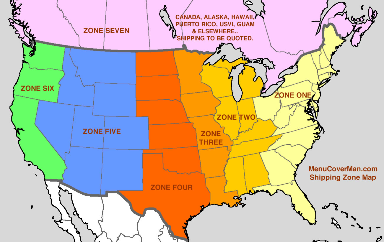 MenuCoverMan.com Shipping Zone Map