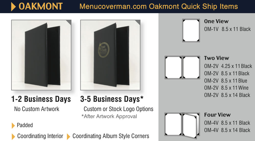 Oakmont menu covers quick ship program items.