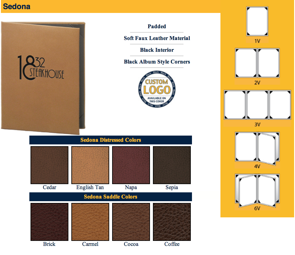 Sedona menu covers materials swatch card.
