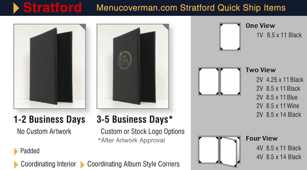 Stratford menu covers quick ship program items.