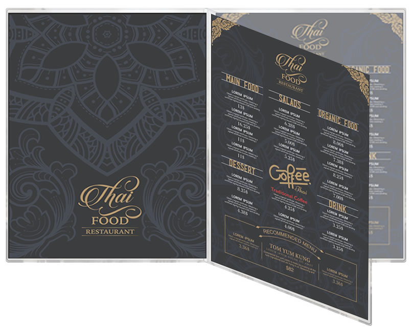 Triple panel all clear vinyl usa-made menucoverman.com menu covers for all restaurants.