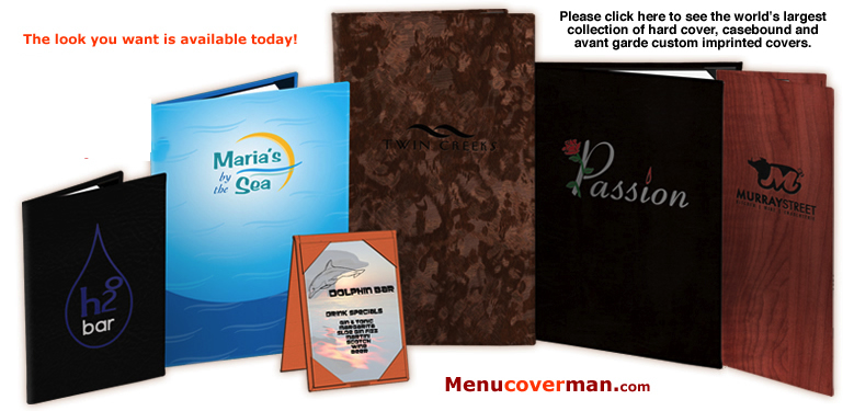 Menucoverman casebound and custom imprinted menu covers.